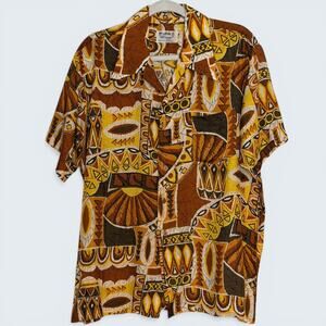 Vintage 70s 80s Aloha Shirt Brown Tiki Tribal Rayon Korea Hawaiian XL 50 Chest